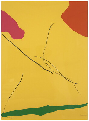 An abstract color print: yellow background with an organic red shape in the upper left, organic orange shape in the upper right, a wide organic green shape at the bottom, and several black lines in an X shape in the middle.