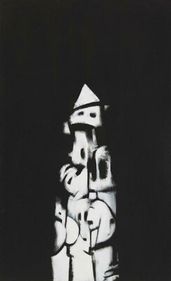 An abstract oil painting, white on black, of a vertical form containing face-like shapes throughoutl.