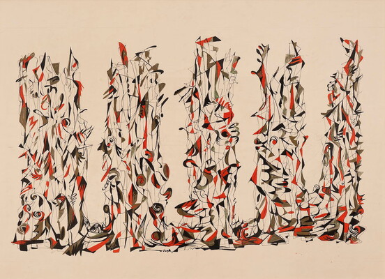An abstract watercolor painting of red, black, and brown shapes organized into five tower-like structures across the canvas.