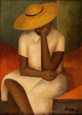 An oil painting of a stylized seated Black woman wearing a white dress and a large sunhat the blocks most of her face.