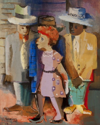 A colorful oil painting of a group of four stylized people - two White, one Black, one hidden - wearing nice clothing and hats watching a girl in a pink dress walk by.