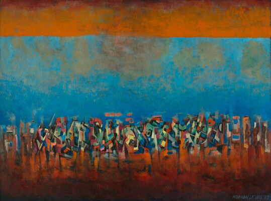 An abstract oil painting: a band of orange across the top, then a large blue swath, then in the bottom third a mosaic-like jumble of colored shapes that slightly resemble a crowd of people.