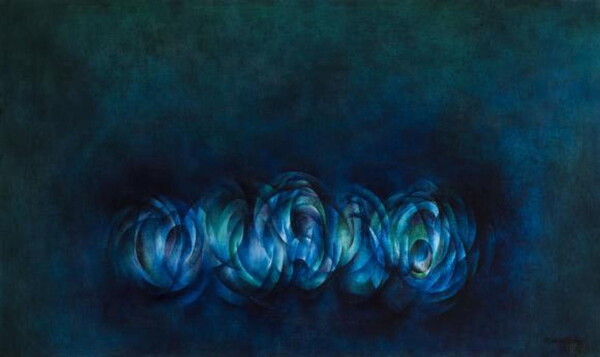 An abstract oil painting of organic bluish-green bubble-like shapes on a dark bluish-green background.