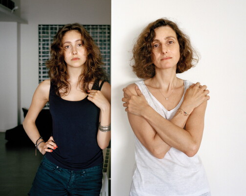 Two color photographs: on the left, a White teenage girl with long curly hair wearing a tank top; on the right, a White woman with short curly hair wearing a white tank top, arms crossed over her chest to hold her shoulders.