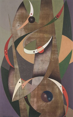 An abstract oil painting of organic and geometric forms in mostly browns with small circles and half moon shapes in orange, white, green, and red.