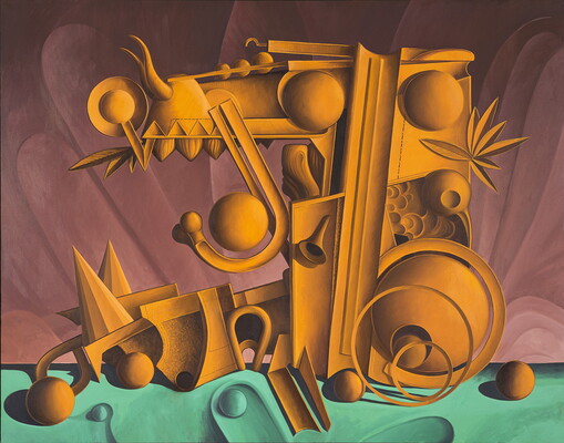An abstract oil painting of a machine-like figure made up of orange geometric and organic shapes.