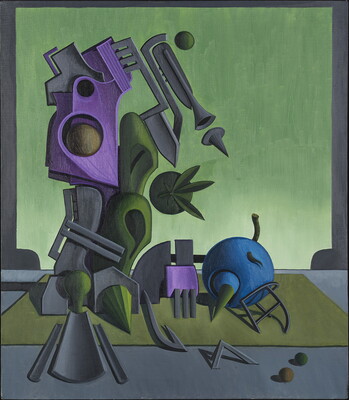 An abstract oil painting of a figure made up of organic and geometric forms in purple, gray, green, and blue either on a green stage or in front of a green window.