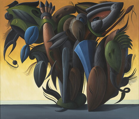 An abstract oil painting of a plant-like form made up of green, blue, brown, and gray geometric and organic forms on an orange background.