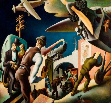A painting of people in an airfield buying a bottle from a man as a pilot in an airplane watches; in the background, two men in a car are being held up at gunpoint under a railroad bridge as a police officer naps.
