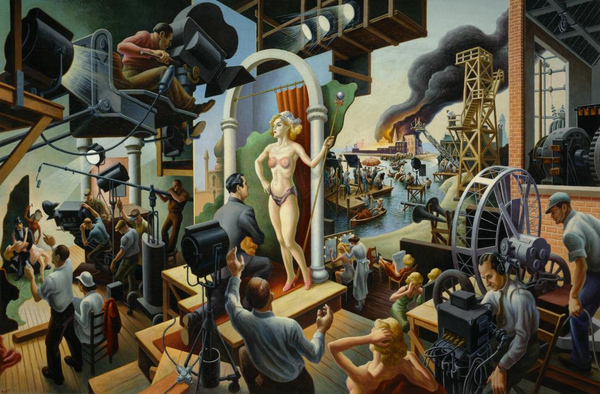 An oil painting depicting various aspects of movie-making: cameras, lights, sound, set props, and actors in various positions., 