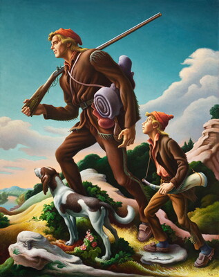 An oil painting of a White man and White boy, both with blond hair and both wearing deerskin outfits, and their dog standing on top of a hill overlooking a valley.