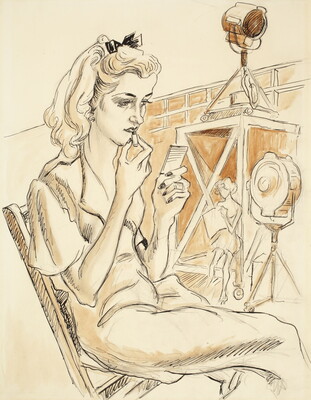 An ink drawing of a woman seated in a folding chair on the set of a movie applying lipstick.