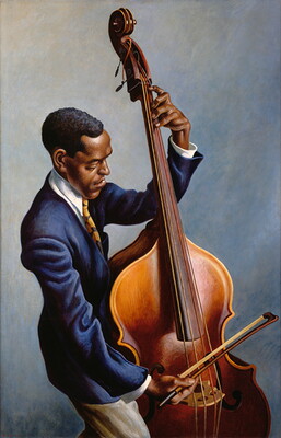 A painting of a Black man wearing a suit and tie playing an upright bass with a bow.
