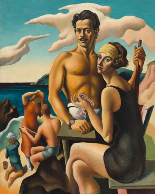 An oil painting of a White man with dark hair, mustache, shirtless, standing next to a seated White woman in a black bathing suit with children playing on a beach in the background.