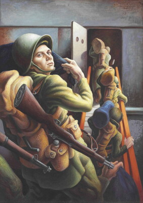 A painting of a line of men in military fatigues and hard hats walking up a ramp to a door on a ship or an airplane.