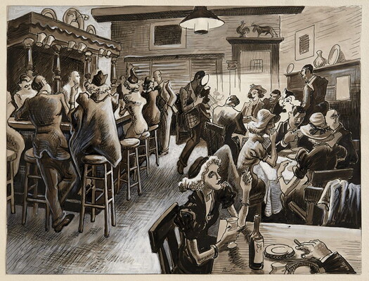 A grayscale painting of the interior of a saloon with men and women seated and standing at a bar and other patrons seated at table enjoying drinks.