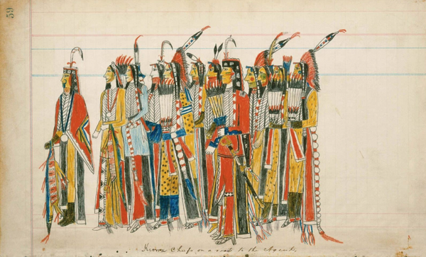 A colorful pencil drawing on lined paper of a group of Indigenous people in traditional clothing.