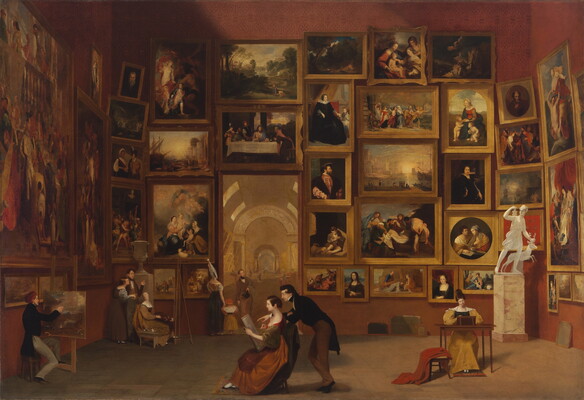 An oil painting of the interior of a large gallery with artwork hung salon-style, and people throughout the gallery seated and standing painting or drawing.