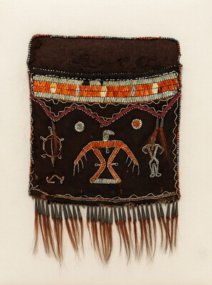 A beaded brown pouch with orange and white designs that resemble birds, turtles, and human figures.
