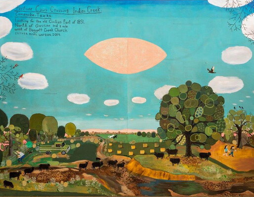 A detail of a large-scale painting hanging on a smooth stone wall; the top half shows blue sky, white clouds, and a football-shaped pink UFO; the bottom half shows rolling green hills and pastures, trees, and a herd of black cows.