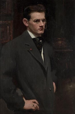 An oil painting of a White man with dark hair, round wire glasses, wearing a dark overcoat, standing with his hands on his hips.