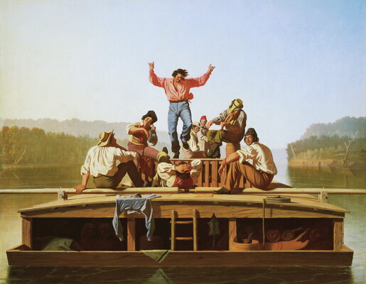 An oil painting of a group of White men lounging on a flat boat as two play music and one man dances in the center.