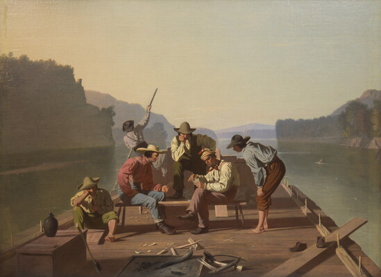 An oil painting of six White men on a flat boat on calm water: two are seated on a bench playing cards as three watch and one paddles at the front of the boat.