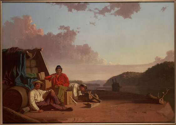 An oil painting of three White men: two seated in front of a pile of crates and barrels as another kneels on the ground blowing on a fire.