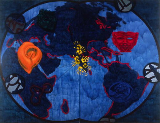 An oil painting of a stylized world map with different icons and symbols placed over different areas.