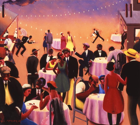 An oil painting of Black people - some seated at tables, others standing - at an outdoor party under strings of lights as waiters in the background balance trays on their arms.
