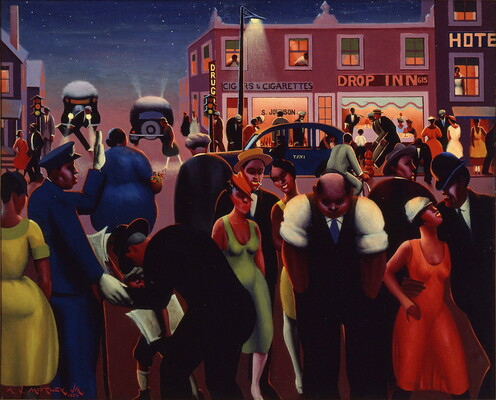 An oil painting of a Black people walking, riding bicycles, in cars, or seen through windows on a lively street at night.