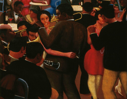 An oil painting of Black people dancing as musicians play in the foreground and patrons share drinks in the background.