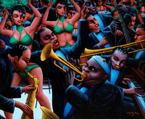 An oil on canvas painting of Black musicians playing as scantily-clad women dance and people at tables eat and drink in the background.