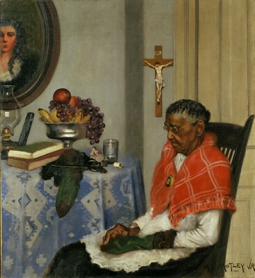 An oil painting of an elderly Black woman with a red shawl wrapped around her shoulders seated in a chair mending a green sock; a nearby table holds a bowl of fruit, books, and sewing supplies.