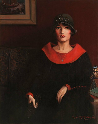 An oil painting of a seated woman with medium-light skin tone wearing a cloche hat and a black dress with a wide red collar.