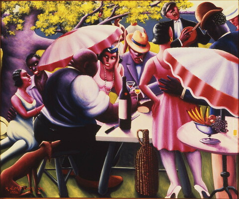 An oil painting of stylized Black people - some seated at a picnic table, some standing, some seated under a tree, others playing music - enjoying food and drink. 