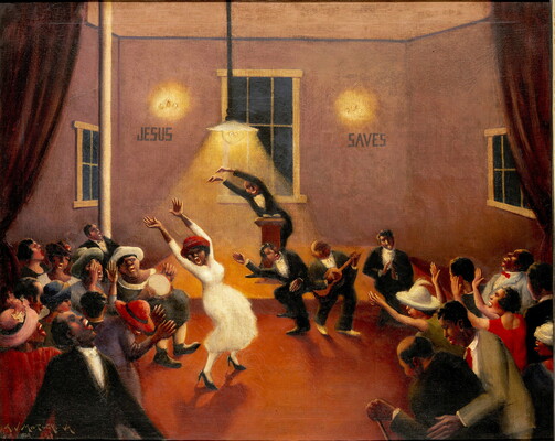 An oil painting of a group of mostly dark-skinned people in a room, many with their hands raised and mouths open, as musicians play in front of a preacher at a podium. 