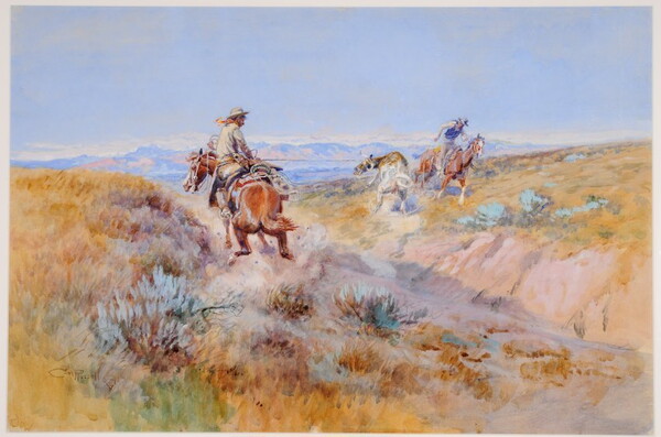 A watercolor painting of two White cowboys on horseback roping a cow in a grassy ravine.