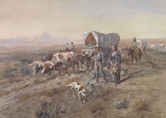 A watercolor painting of a White man and woman standing at the head of a long line of covered wagons, one of which says on the side, "Last chance or bust."