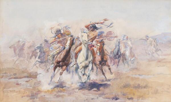 A watercolor painting of a group of Indigenous people dressed for battle on horseback fighting each other with rifles, bows and arrows, and tomahawks.