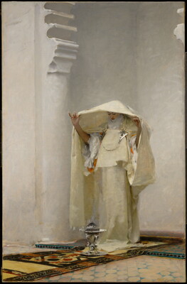 An oil painting of a standing White woman wearing elaborate white clothing and holding the hood out over her head to catch the smoke from a lamp on the floor in front of her.