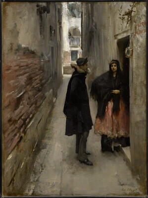 An oil painting of a White woman standing a doorway that opens onto a narrow alley, talking with a White man in a black overcoat.