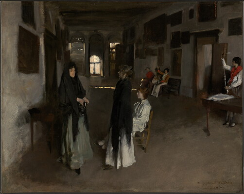 An oil painting of a dimly-lit interior with several White women, some seated and some standing, stringing beads. 