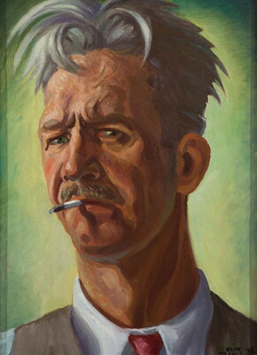 An oil painting of a White man with messy gray hair, green eyes, a mustache, and a cigarette sticking out of his mouth.