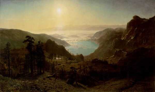 An oil painting of a mountain valley with a blue lake cradled at the bottom and a hazy sun low on the horizon.