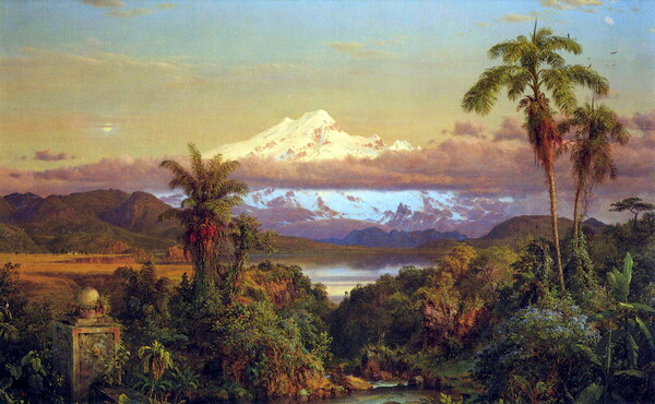 An oil painting of thick vegetation and tall palm trees in the foreground, a lake, and a snow-capped mountain in the background.