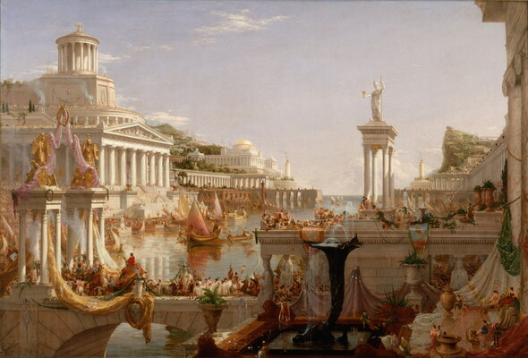 An oil painting of a vibrant ancient classical city built on the shores of a body of water with people dressed in robes throughout the scene.