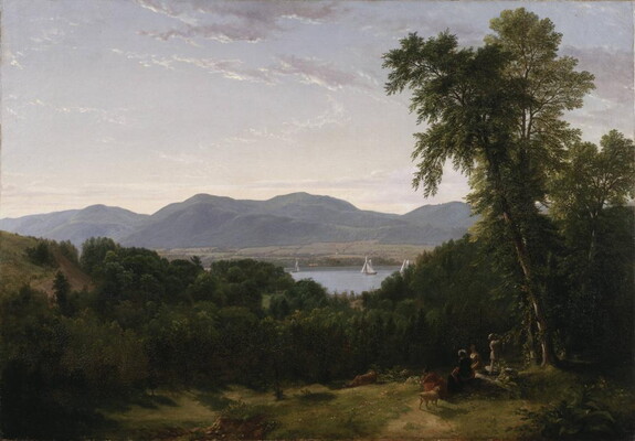 An oil painting of people on an open hilltop surrounded by trees watching sailboats on the water below.