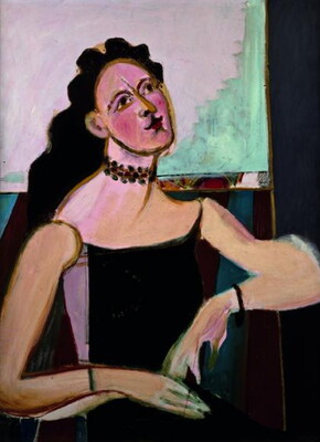 An oil painting in a cubist style of a seated White woman with long dark hair wearing a choker and a black sleeveless gown.