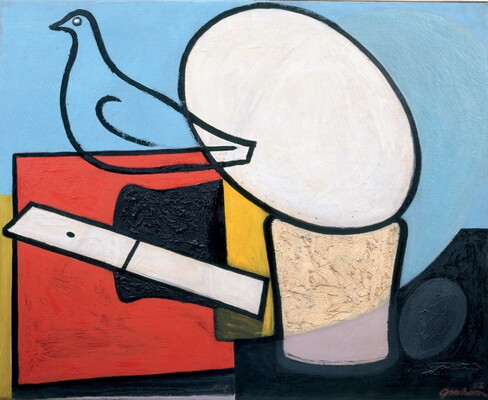 An oil painting in an abstract style of a large white egg sitting on top of a glass next to the outline of a bird sitting on a red box.